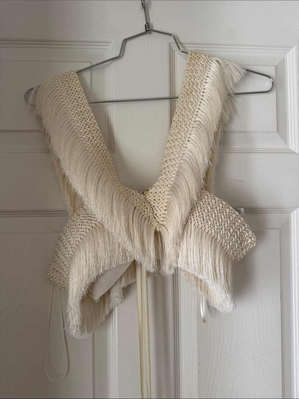 PatBO Cream Fringe Knit Crop Top